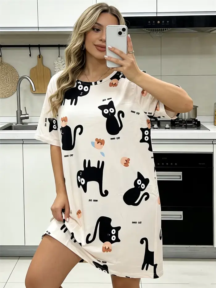 Dámská noční košile, černý kočičí potisk, široká, velká velikost, krátké letní šaty, sexy dámská noční košile, dívčí noční prádlo
