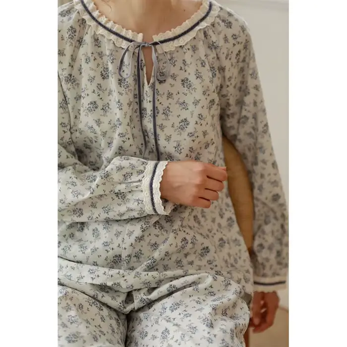 Květinové pyžamo pro ženy, s krajkou, šňůrkou, límcem, biskup dlouhými rukávy, relaxační oblečení set, měkký bavlněný svetr, noční prádlo