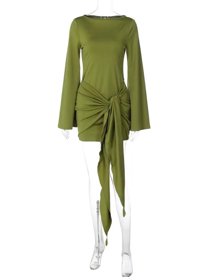 Dulzura 2025 automne mode élégant col rond à manches longues coupe ajustée à lacets Mini robe dames 