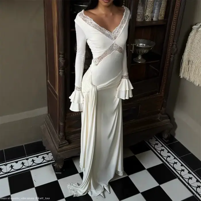 Robe longue en dentelle pour femmes, drapée, froncée, ajourée, Patchwork, col en V, manches longues,