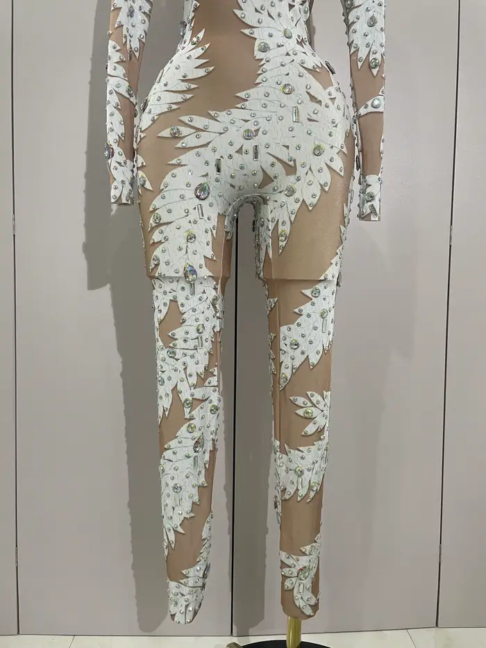 Body s dlouhým rukávem pro ženy, sexy, vysoká elasticita, zdobené krystaly, pro noční taneční show a jevištní oblečení