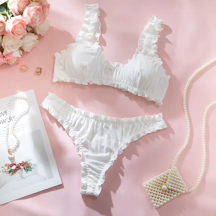 Sexy spodní prádlo set pro ženy s volánky, prodyšné, prolamované textury, bralette a měkké bavlněné vysoké pasové tanga pro každodenní použití