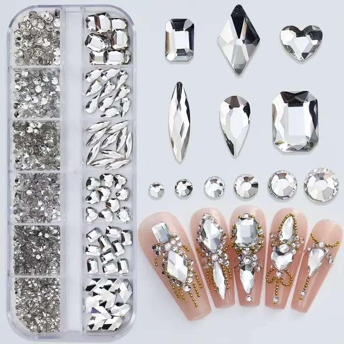 12 grilles rose mixte ongles strass luxe ongles breloques paillettes cristal bijoux gemmes Nail Art 