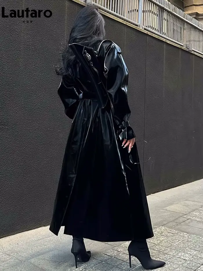 Lautaro printemps automne Extra Long surdimensionné Cool réfléchissant brillant noir en cuir verni T