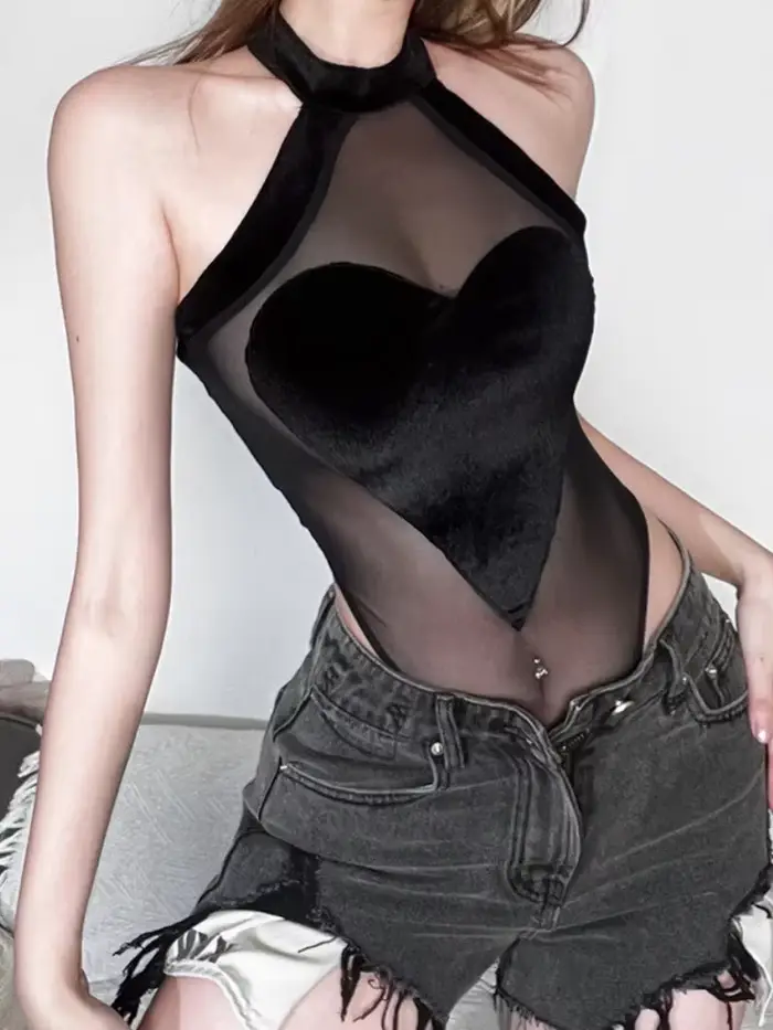 Flocking Heart Sexy body Spodní prádlo Vidět přes síťovinu Jeden kus Tělo Bez rukávů Ženské Bustier Topy Černé Ženy Na krk