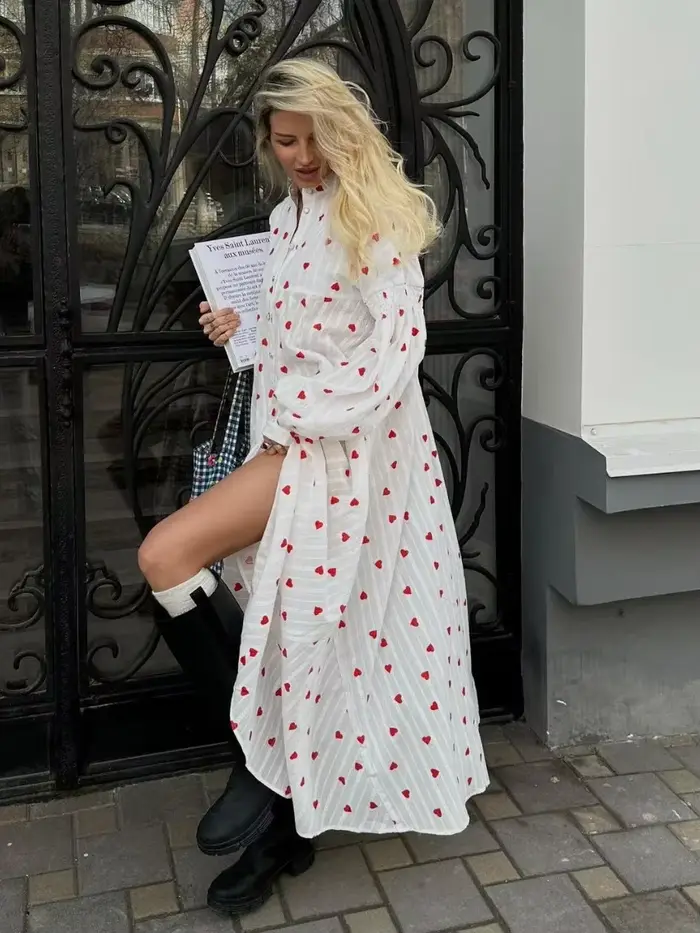 Bornladies-Robe Jacquard à manches longues pour femmes, 100% coton, imprimé cœur, mode éducative, vi