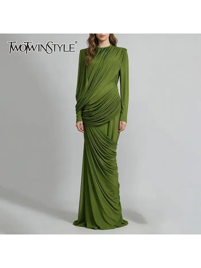 TWOTWINSTYLE Robes pour femmes, design amincissant à plis, style tendance, col montant, manches long
