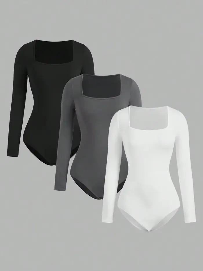 Body une pièce à manches longues pour femme, 3 pièces, col carré, entrejambe ouvert, Streetwear, vêt