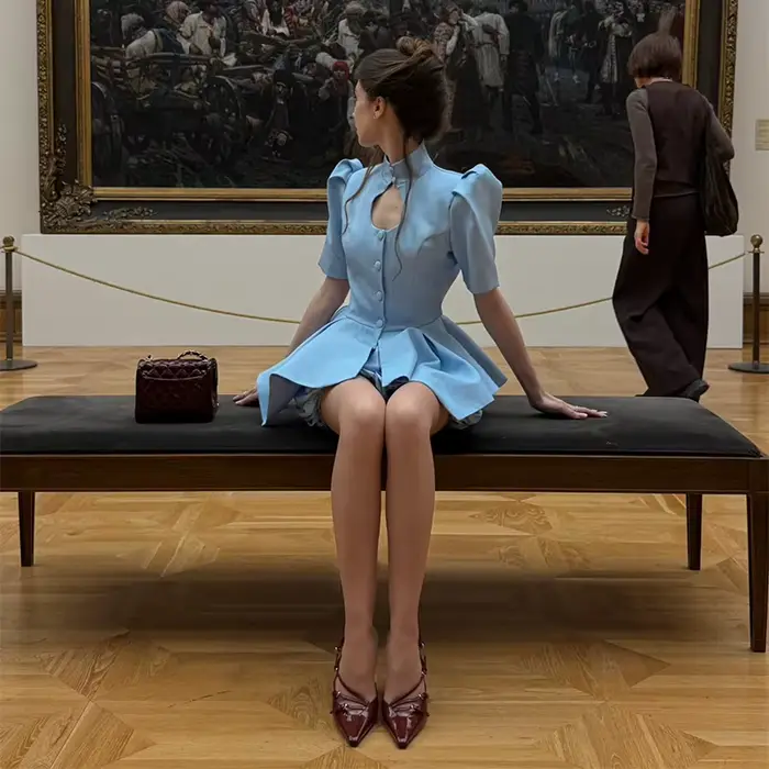 Ensemble deux pièces gothique noir pour femmes, haut à manches bouffantes et short taille haute, ten