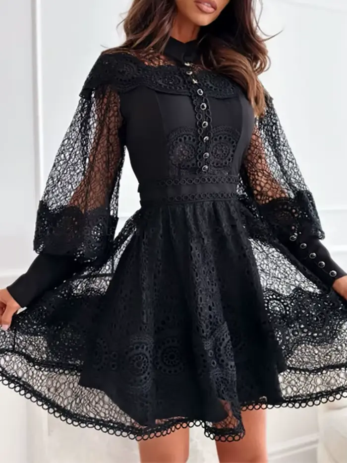Mini robe à col rond pour femmes, couleur unie, vêtements de détente, mode, ajouré, manches lanterne