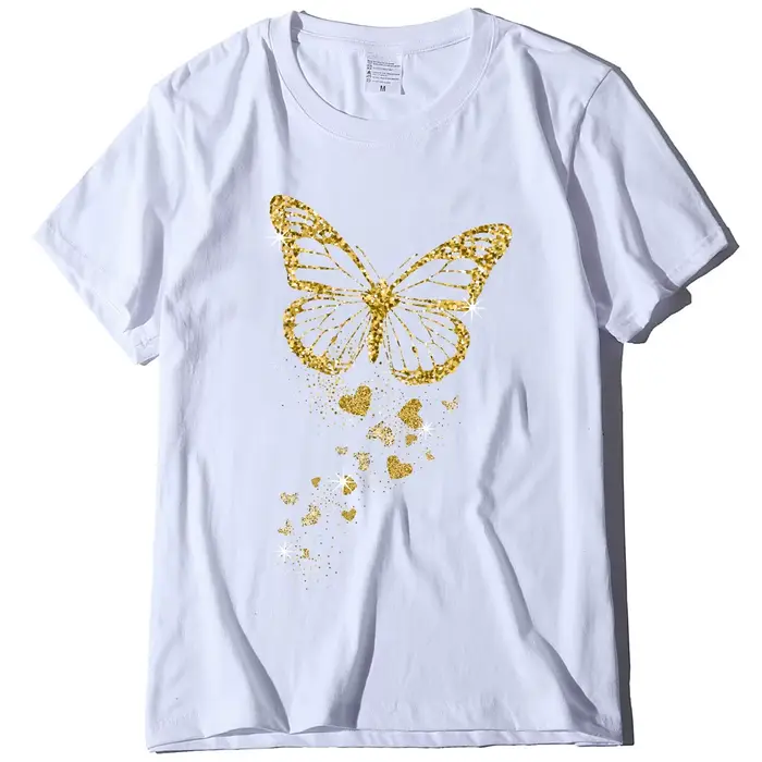 Papillon doré imprimé femmes t-shirt à manches courtes col rond femmes t-shirt dames t-shirt hauts v