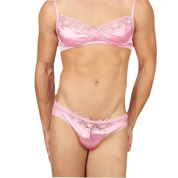 Sissy homme ensembles lisse Satin dentelle soutien-gorge sous-vêtements homme Designer Lingerie haut
