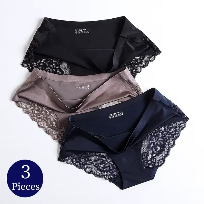 TrowBridge 3 pièces/ensemble culottes pour femmes sous-vêtements en dentelle exquise Lingerie Sexy grande taille slips en Satin de soie douce caleçons doux et confortables