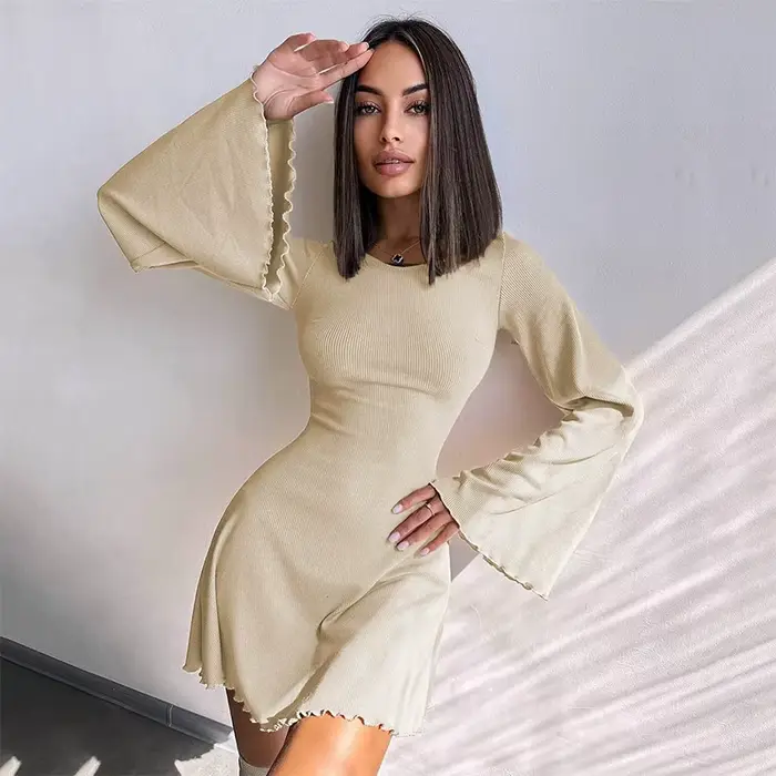 Sexy noční klub Mini šaty Dámské Krátké večerní šaty Zpět Bandáž O krku Linka vzplanul rukávy Podzimní dámské šaty Podzimní šaty